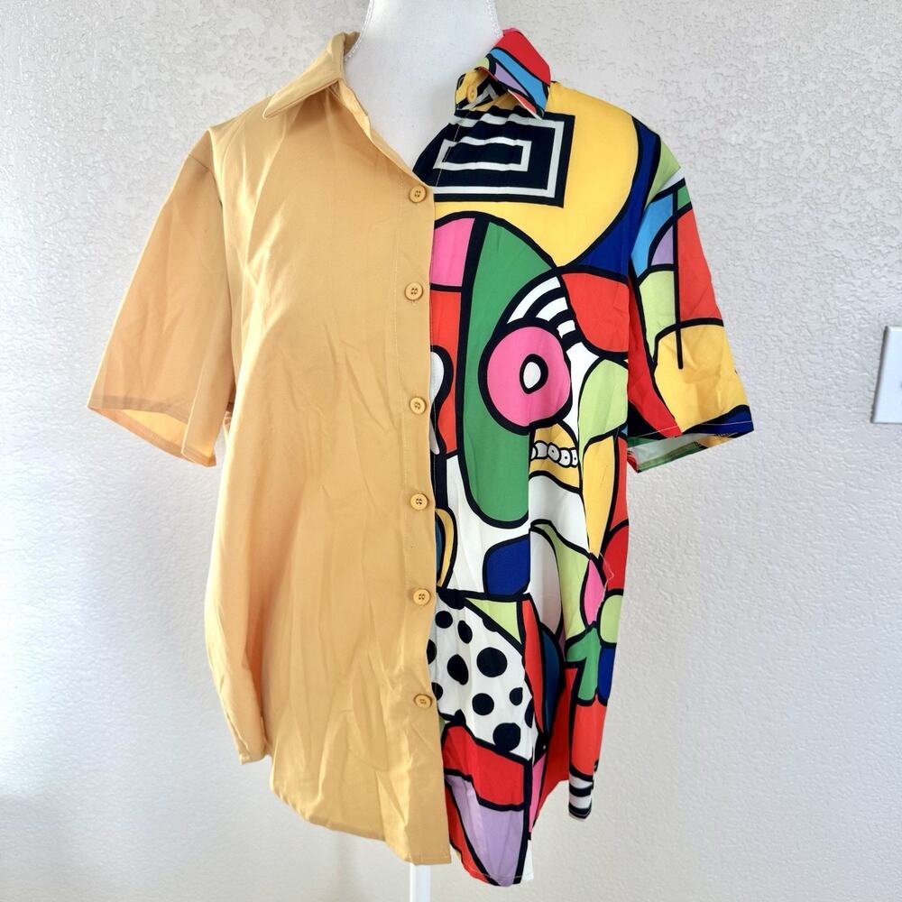 Colorful Geometric Pattern Split Style Womens XL Short Sleeve Collared Button-Up